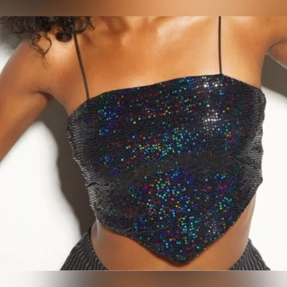 Rue 21 Black Sequined Handkerchief Cropped Top (M) - Picture 1 of 7